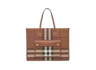 BURBERRY Medium Knit Check Flare Tote "Dark Bachi Brown"