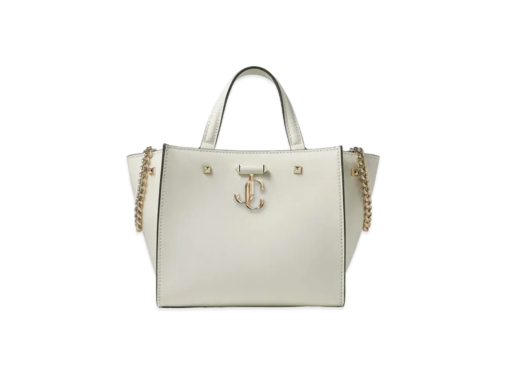 JIMMY CHOO VARENNE TOTE/S Light Gold JC Logo With Fine Shiny Curf Leather Tote Bag "Latte"