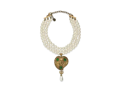 GUCCI Heart Pendant Pearl Necklace "Gold"