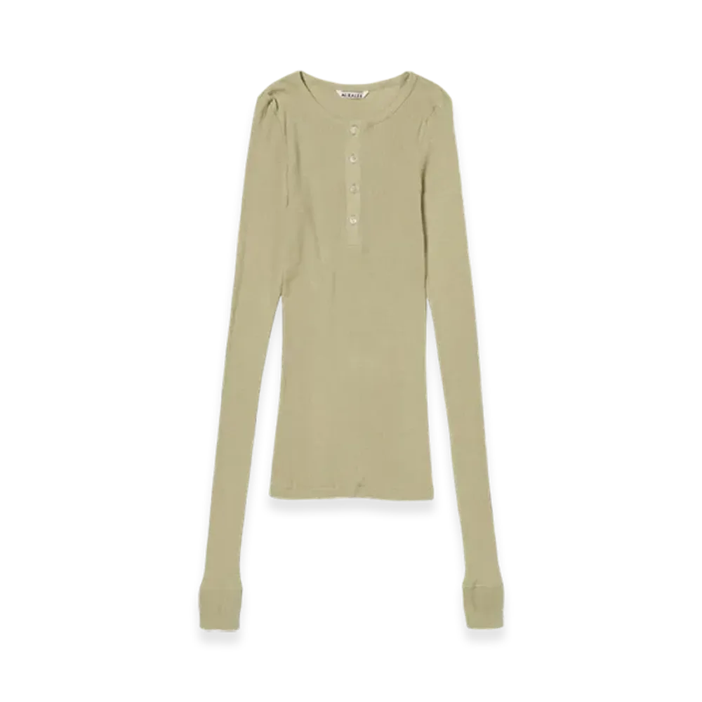 AURALEE Organic Soft Rib Henley Neck L/S T-Shirt "Khaki Beige"