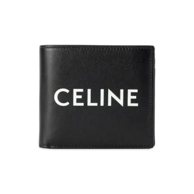 CELINE Bi-Fold Wallet With Coin In Smooth Calfskin With Celine Print "Black"
