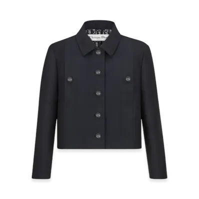 Dior Women's Cropped Jacket Silk Twill Wool "Navy Blue"