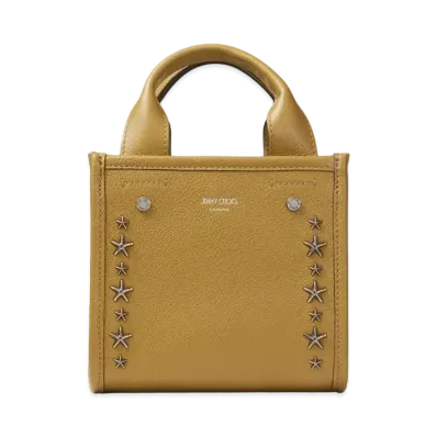 JIMMY CHOO SHOPPER TOTE/S Soft Grainy Calf Leather Tote Bag With Gunmetal Star Studs "Camel"