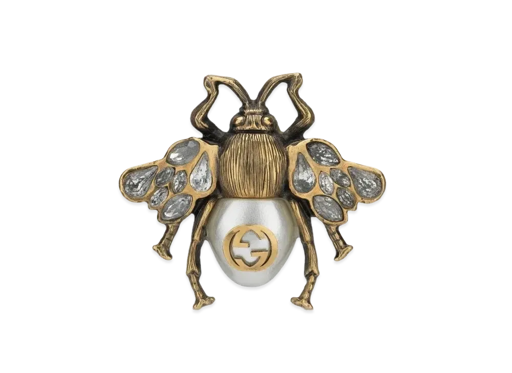 GUCCI Crystal and Pearl Bee Ring "Gold"
