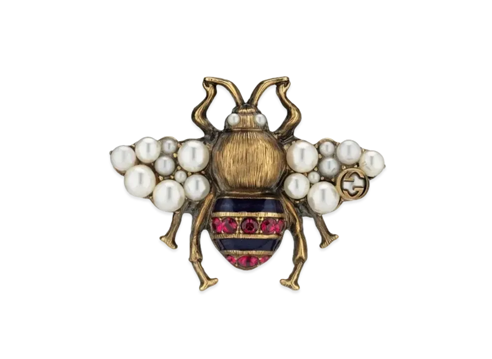 GUCCI Crystal Pearl Bee Ring "Gold"