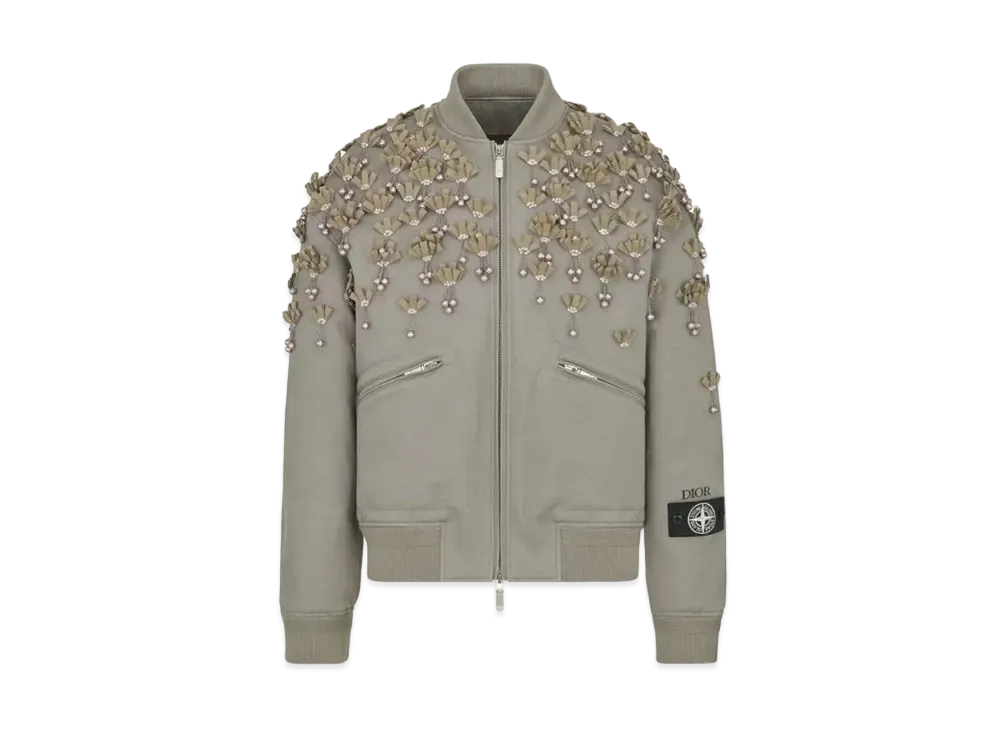 Dior x Stone Island Garment Dye Embroidered Bomber W/ Pearls