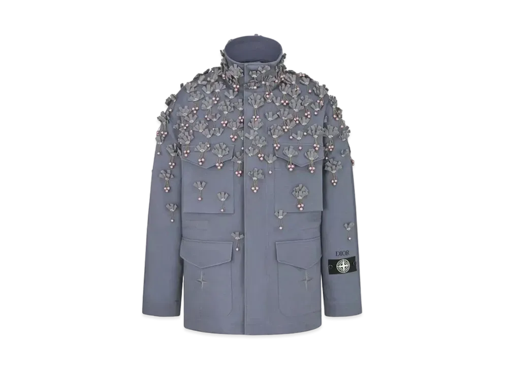 Dior x Stone Island Cotton and Silk Field Jacket All-Over Flowers Embroideries "Blue"