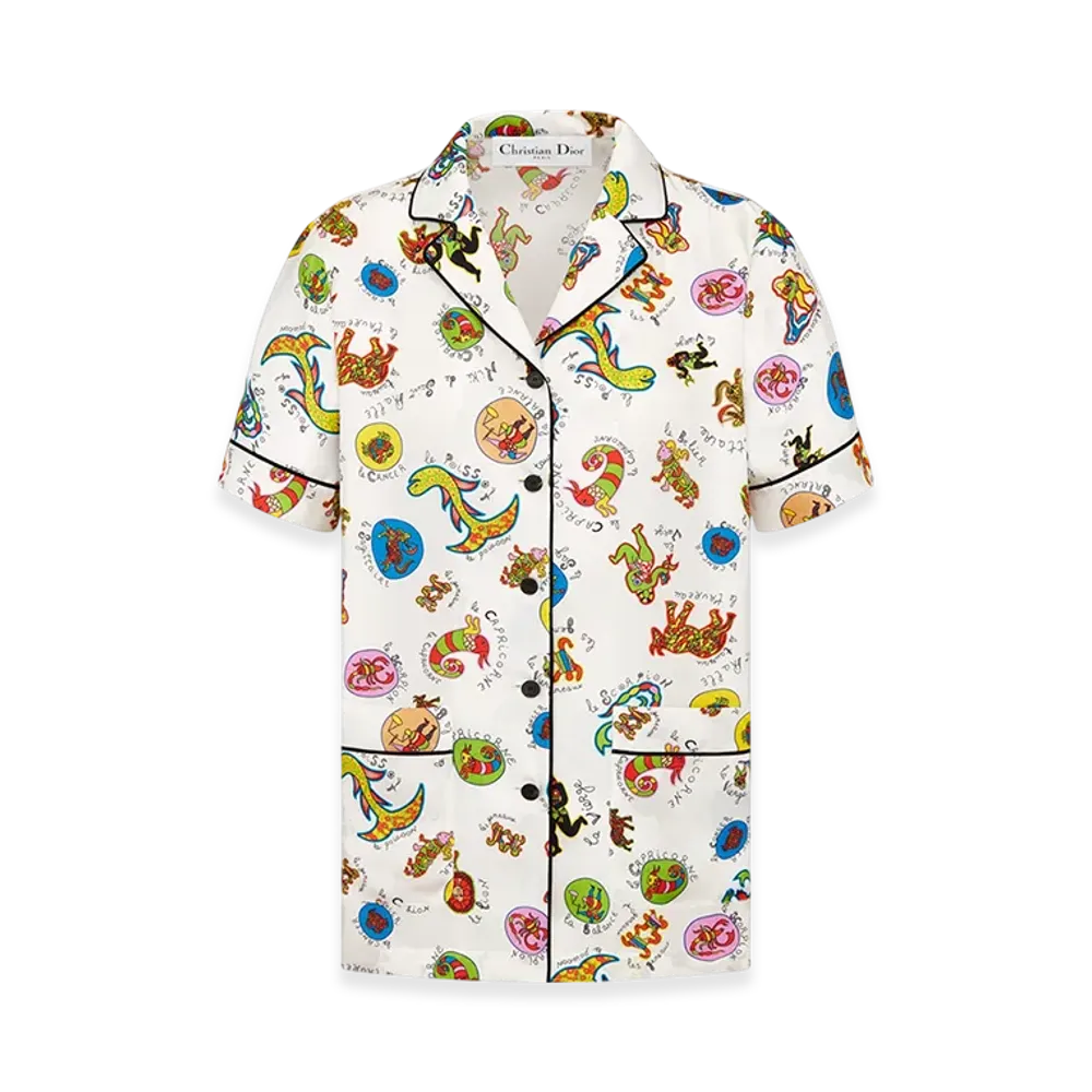 Dior Women's Short-Sleeved Shirt Silk Twill Dragon Zodiac Motif "White/Multicolor"