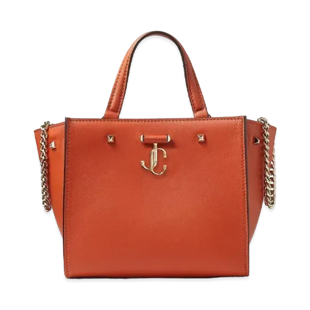 JIMMY CHOO VARENNE TOTE/S Light Gold JC Logo With Fine Shiny Curf Leather Tote Bag "Dark Amber Orange"