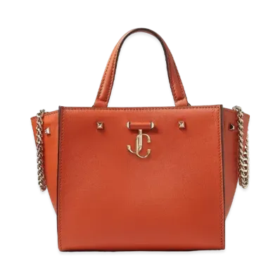 JIMMY CHOO VARENNE TOTE/S Light Gold JC Logo With Fine Shiny Curf Leather Tote Bag "Dark Amber Orange"