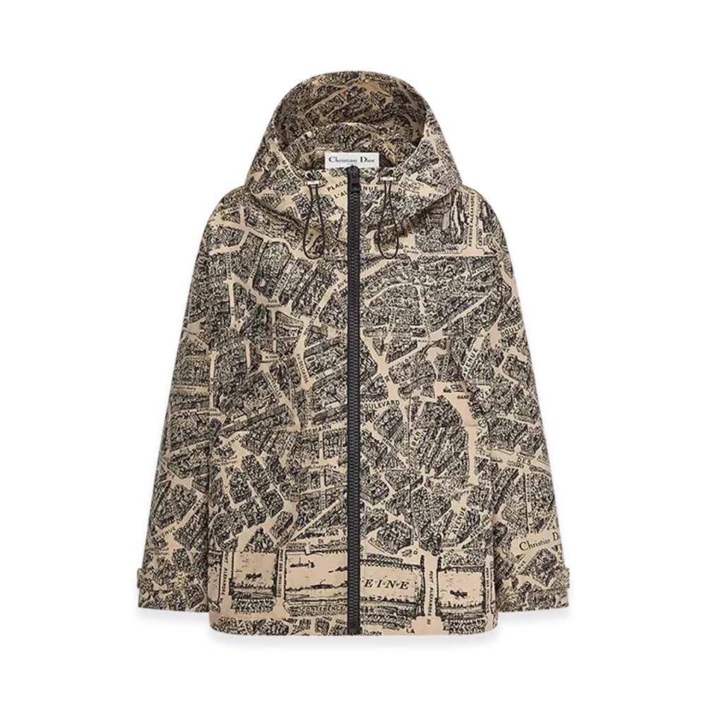Dior Women's Hooded Anorak Technical Taffeta Jacquard Plan Paris Motif "Beige/Black"