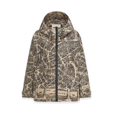 Dior Women's Hooded Anorak Technical Taffeta Jacquard Plan Paris Motif "Beige/Black"