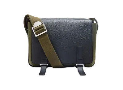 LOEWE Xs Military Messenger Bag In Soft Grained Calfskin And Canvas "Black / Forest Green"