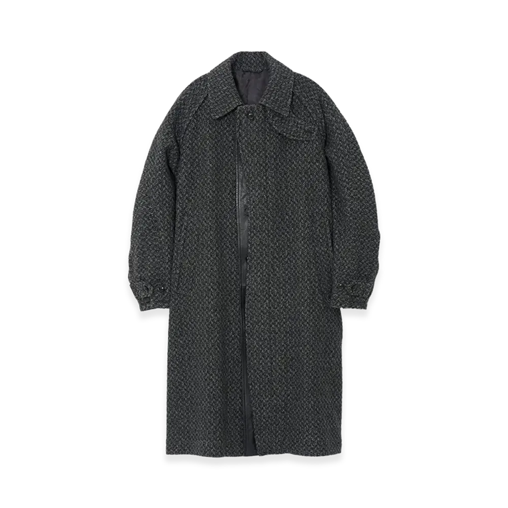 YOKE Herringbone Wool Tweed Balmacaan Overcoat "Black"