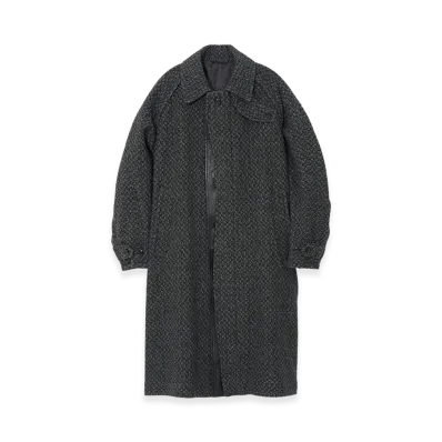 YOKE Herringbone Wool Tweed Balmacaan Overcoat "Black"