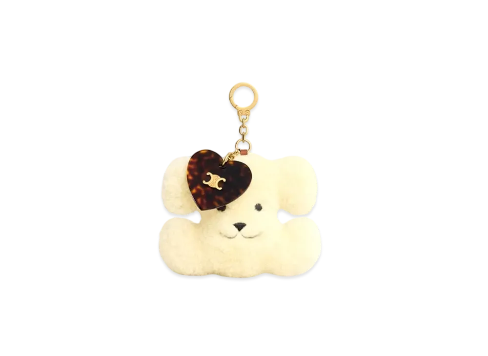 CELINE Triomphe Pom-Pom Keyring With Heart In Shearling and Acetate With Gold Finishing "Natural/Tan"