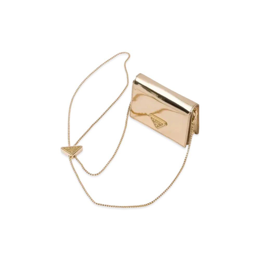 PRADA Brushed Leather Card Holder With Shoulder Strap "Platinum"