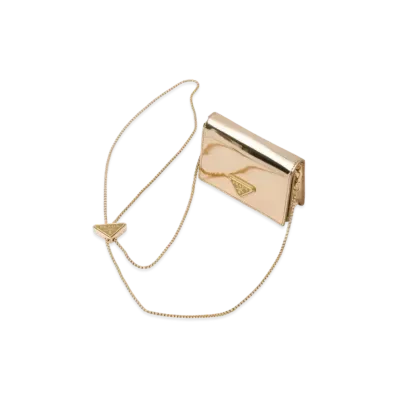 PRADA Brushed Leather Card Holder With Shoulder Strap "Platinum"