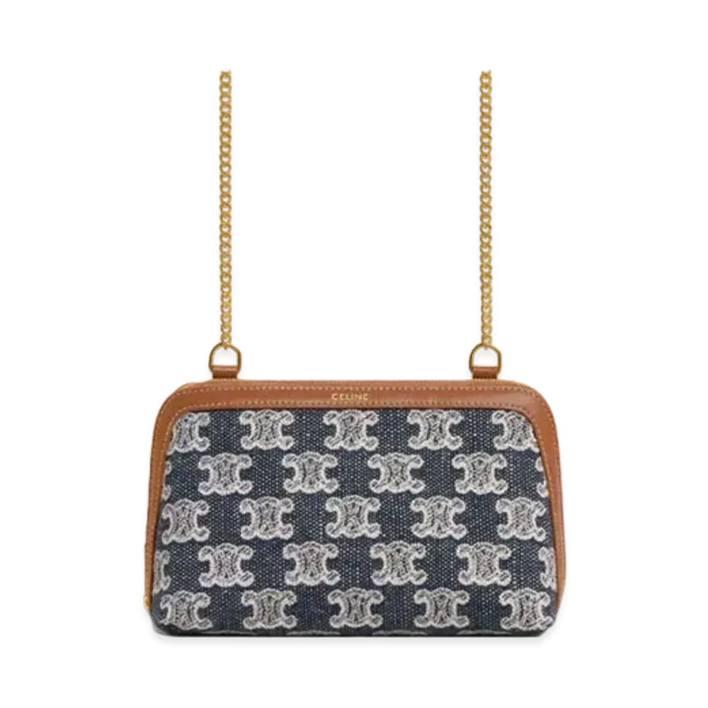 CELINE Clutch with Chain in Textile with Triomphe Embroidery  "Navy Blue"