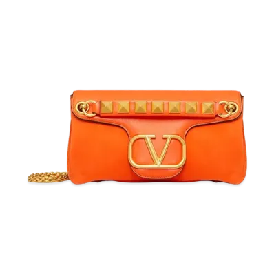 Valentino Studs Sign Nappa Leather Suede Shoulder Bag "Orange"