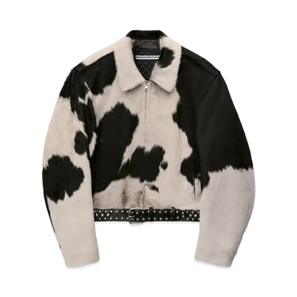Alexander Wang Cow Print Calf Hair Biker Jacket "Black/Alabaster"