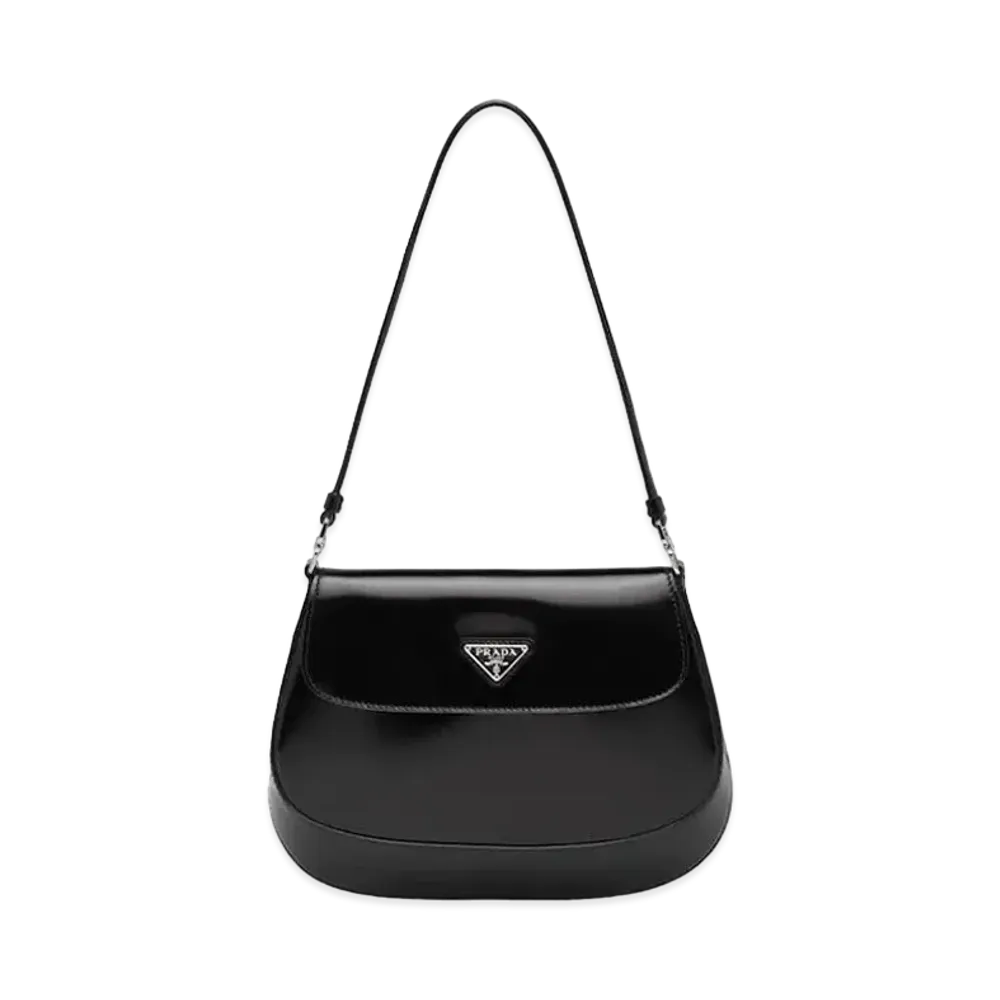PRADA Cleo Brushed Leather Shoulder Bag With Flap "Black"