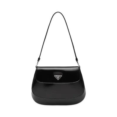PRADA Cleo Brushed Leather Shoulder Bag With Flap "Black"