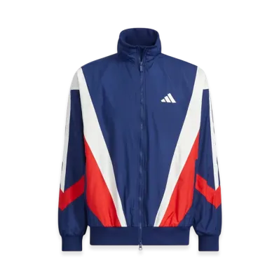 adidas Must Haves Loose Fit Mesh-Lined Windbreaker Jacket "Dark Blue/Better Scarlet/Core White"