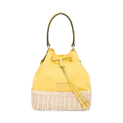 PRADA Wicker And Canvas Bucket Bag "Beige/Sun"