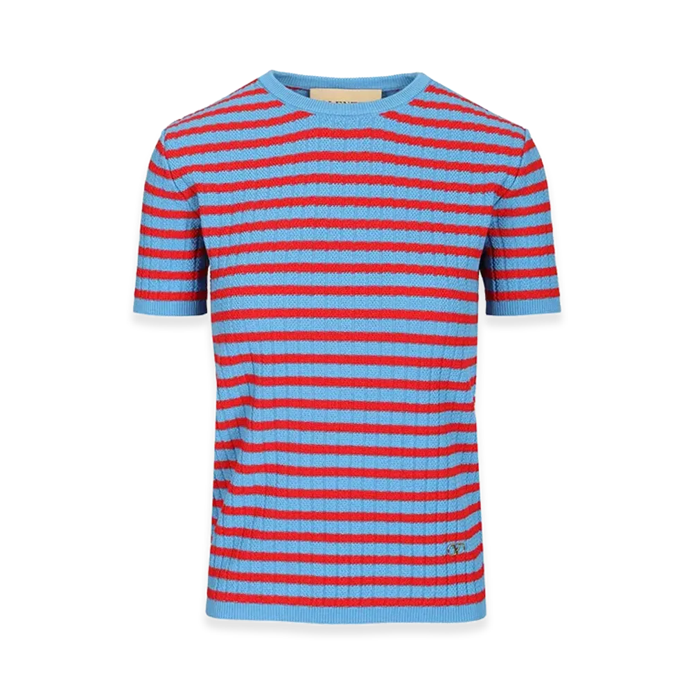 Valentino Women's Ribbed And Striped Cotton T-Shirt "Blue"