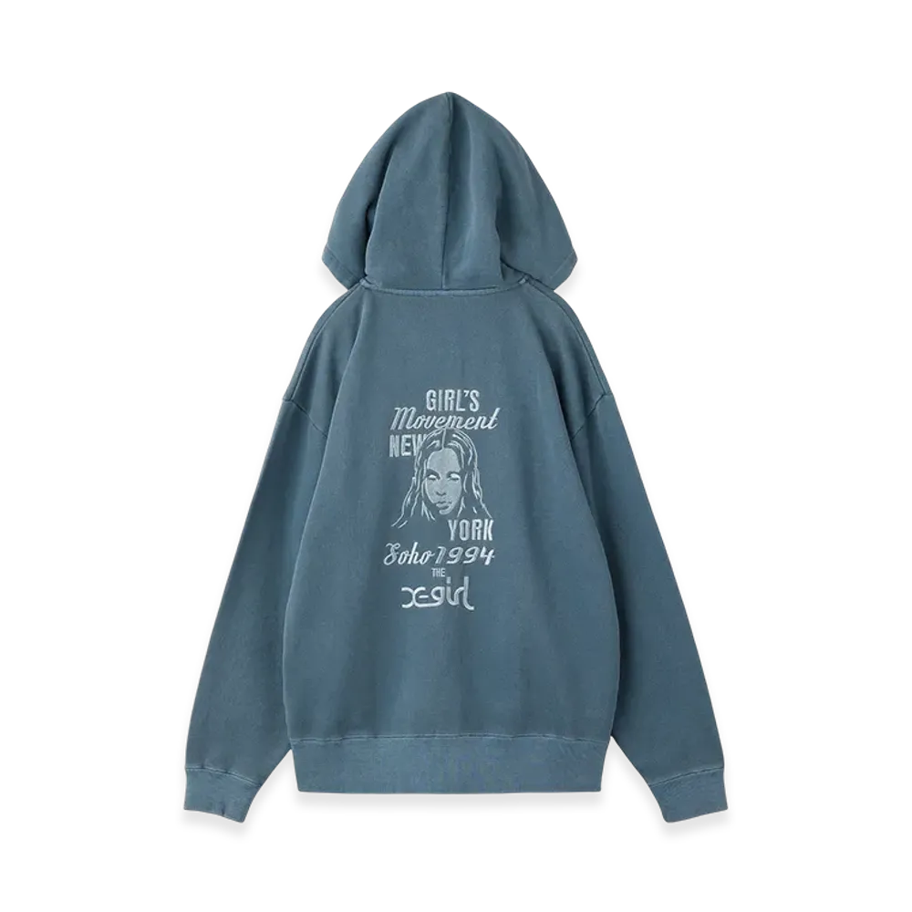 X-Girl Mix Logo & Face Faded Zip Up Sweat Hoodie "Navy"