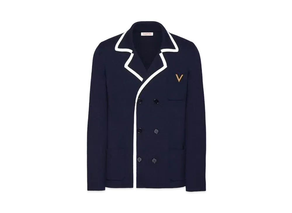 Valentino Product Double Breasted Wool Jacket With Metallic V Detail "Navy/Ivory"
