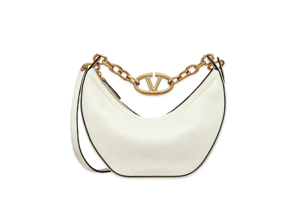 Valentino Small Vlogo Moon Hobo Bag In Leather With Chain "Ivory"