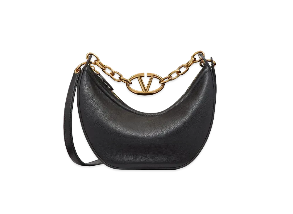 Valentino Small Vlogo Moon Hobo Bag In Leather With Chain "Black"
