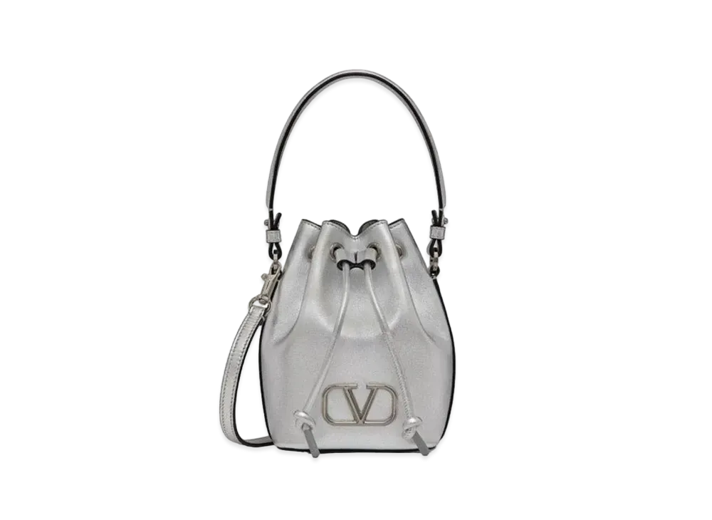 Valentino Mini Vlogo Signature Bucket Bag In Metallic Nappa Leather "Silver"