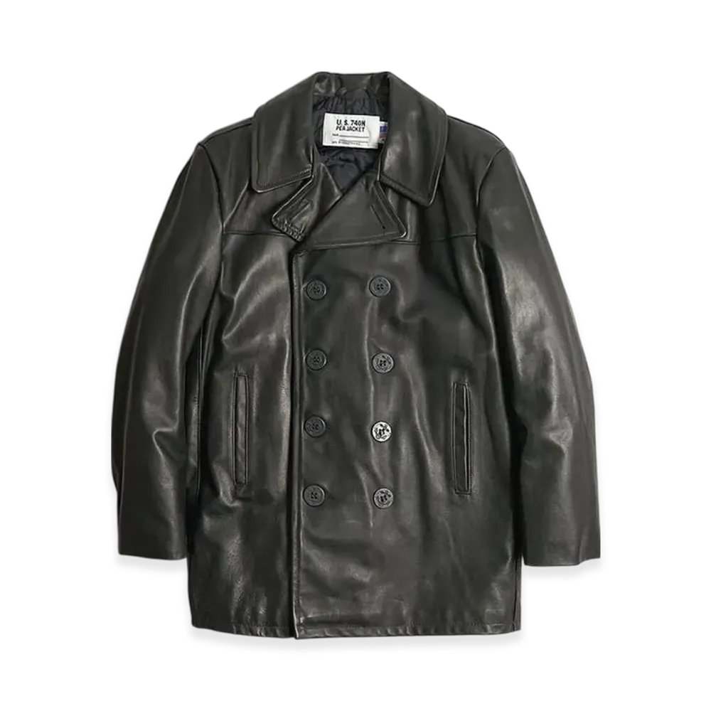 Schott 140 Mens Leather Double Peacoat Big Size "Black"