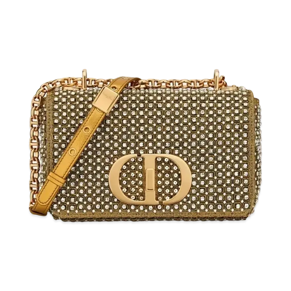 Dior Small Caro Bag Square Pattern Embroidery Set Round Beads Strass "Gold/White"