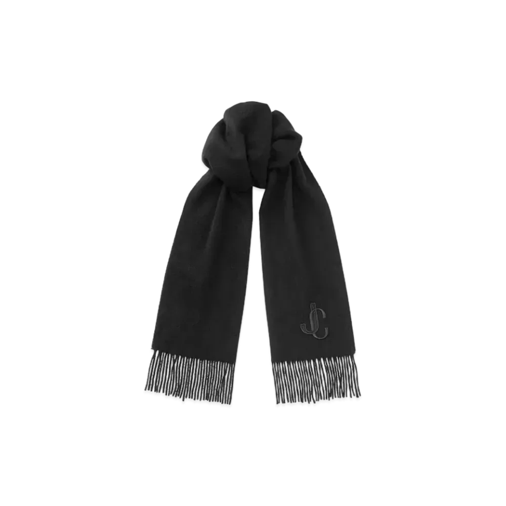Jimmy Choo Charles Recycled Cashmere Scarf With JC Embroidery "Black"