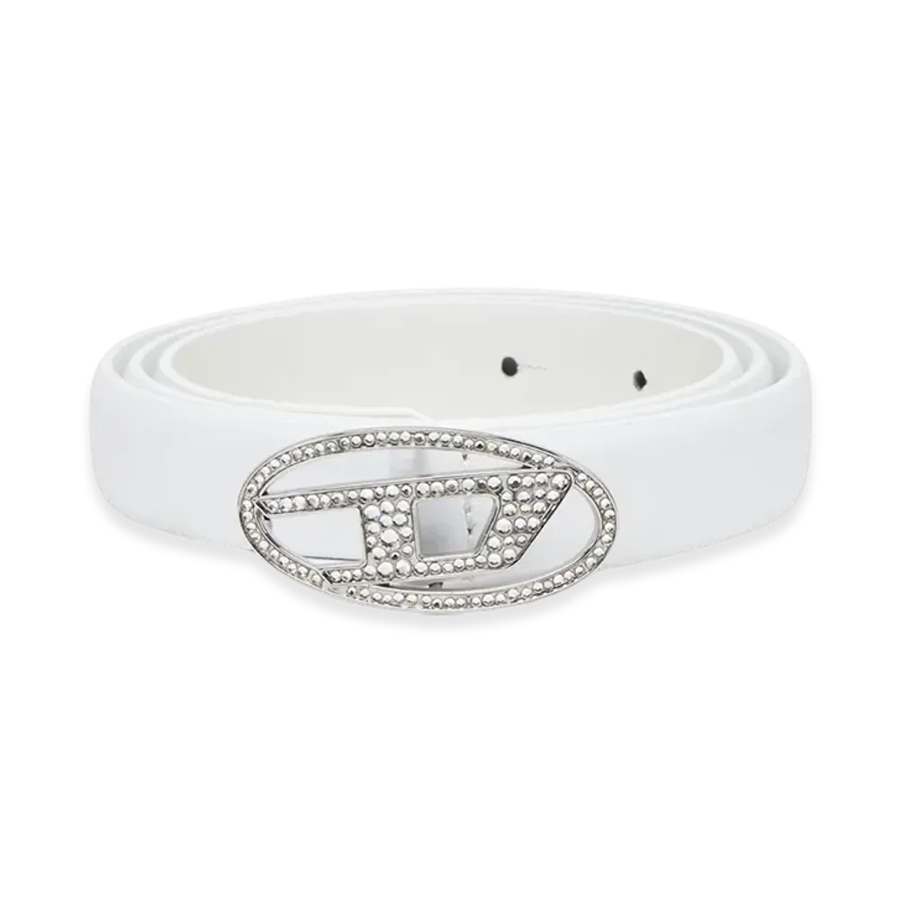 Diesel B-1Dr Strass 20 1.9Cm Slim Leather Belt With Crystal Buckle "White"