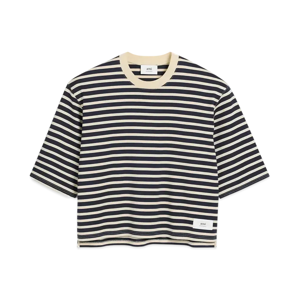 AMI PARIS Recycled Cotton Loose Striped Tee "BleuMarine/BlancCreme"