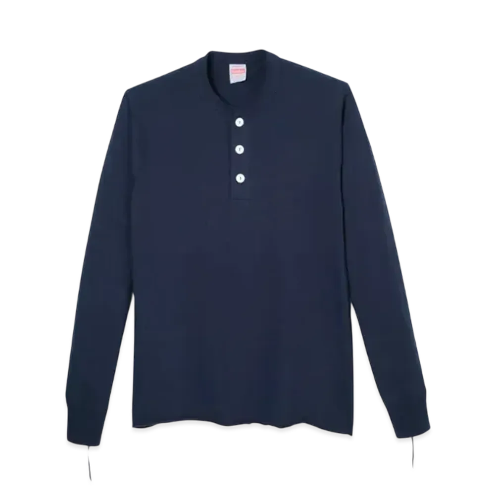 Healthknit Henley Neck Long Sleeve T-Shirt "Navy"