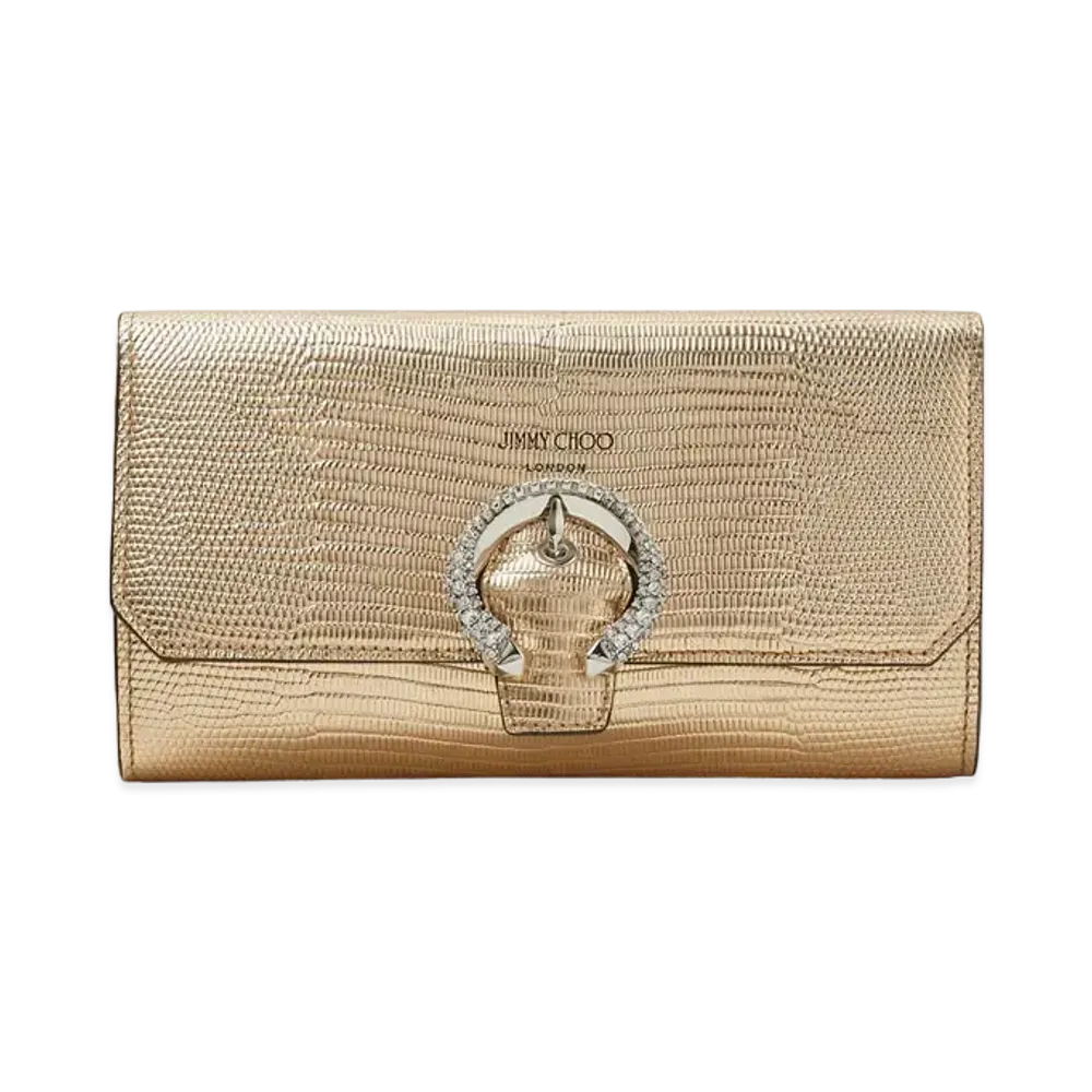 Jimmy Choo Wallet W/Chain Printed Metallic Lizard Wallet With Crystal Buckle "Gold"