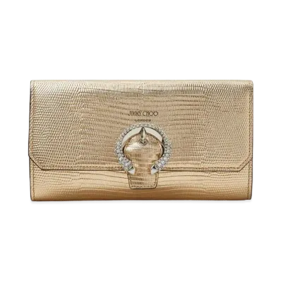 Jimmy Choo Wallet W/Chain Printed Metallic Lizard Wallet With Crystal Buckle "Gold"