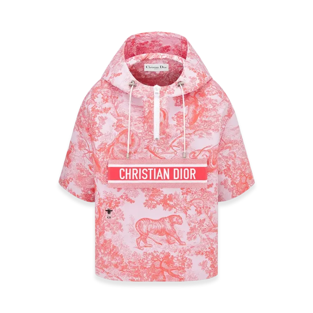 Dior Women's Technical Taffeta Jacquard with Toile De Jouy Sauvage Motif Dioriviera S/S Cropped Anorak with Hood "White/Coral"