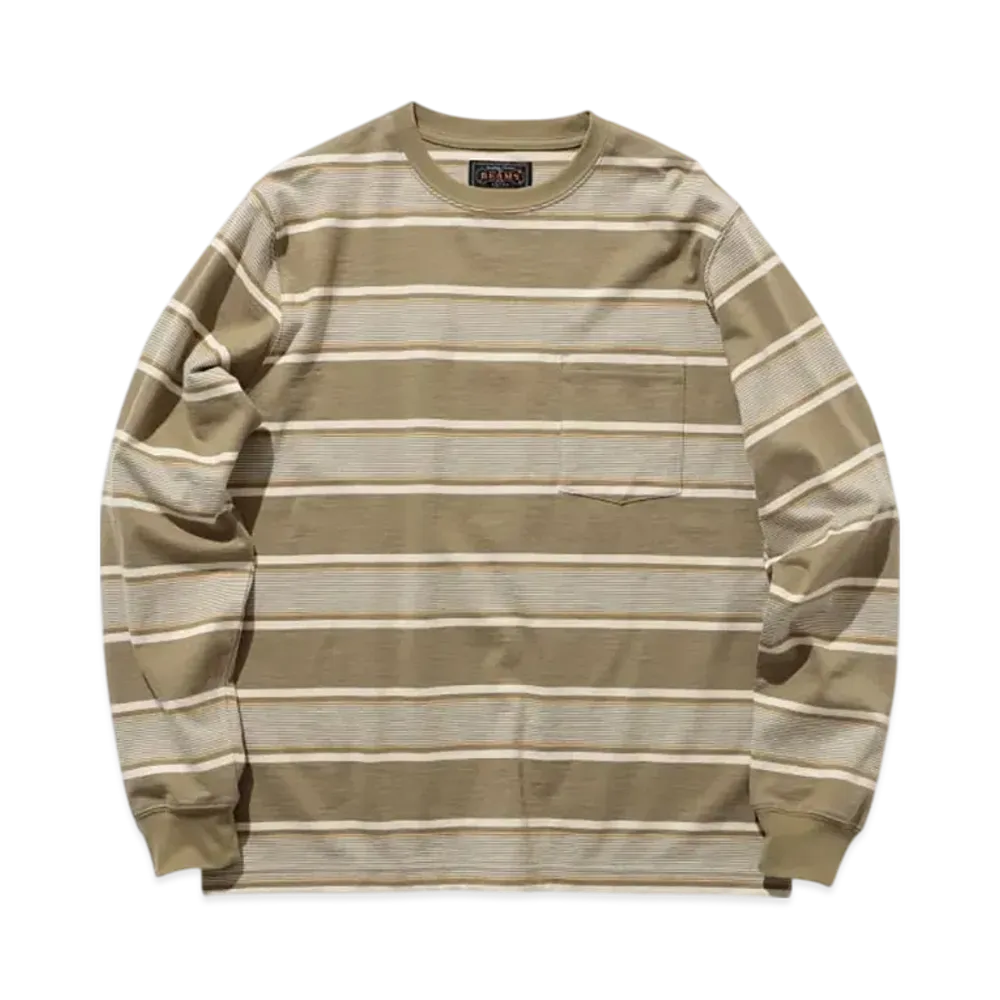 BEAMS Pocket Tee Wide Stripe "Olive"