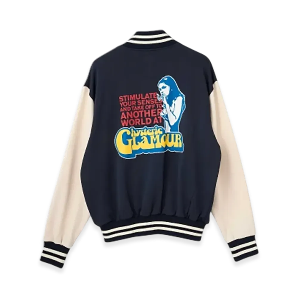 HYSTERIC GLAMOUR Smoking Girl Patch Varsity Jacket "Navy"