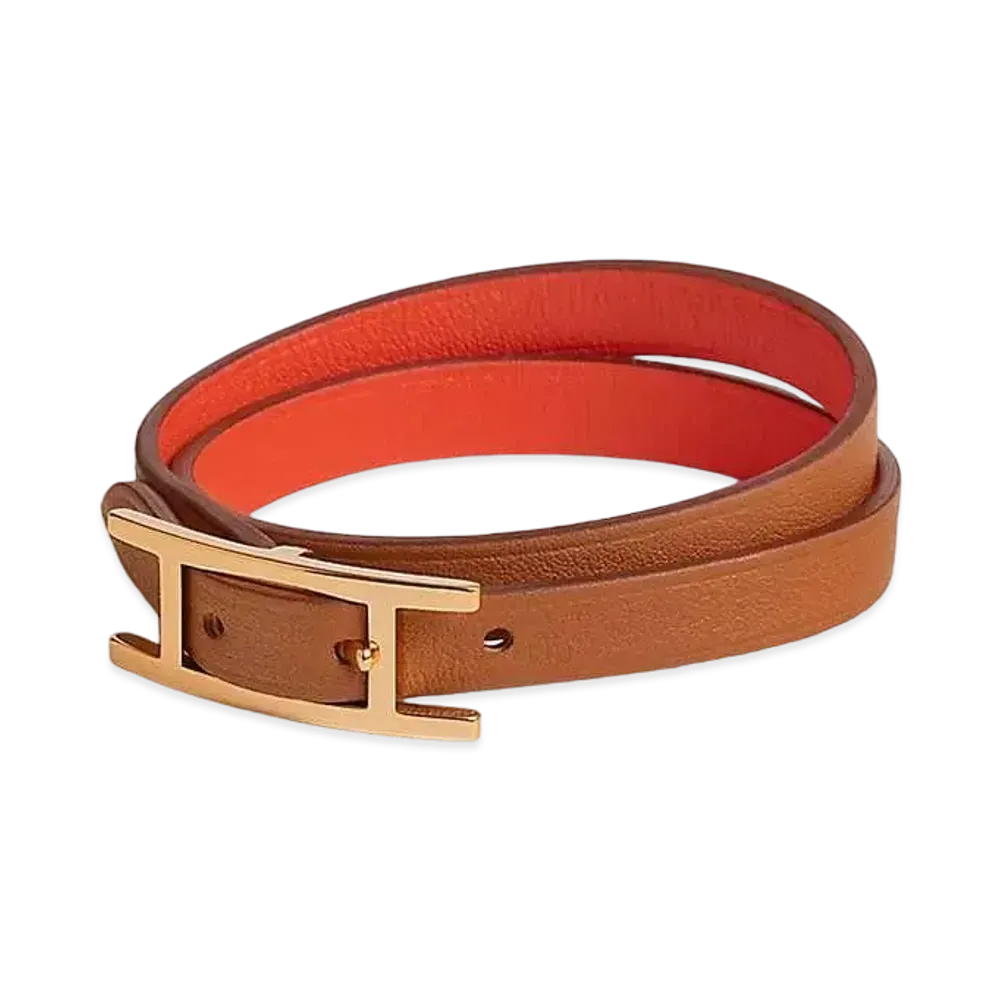 Hermes Behapi Double Tour Bracelet "Naturel Sable/Orange Field/Gold"