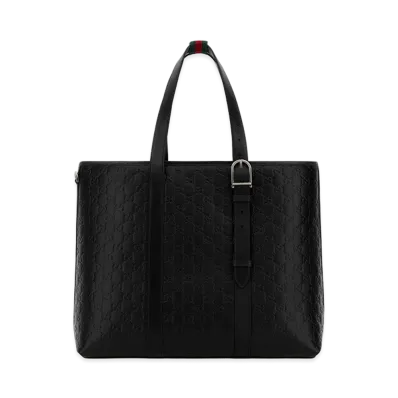 GUCCI Leather Large GG Emblem Shopping Bag "Black"