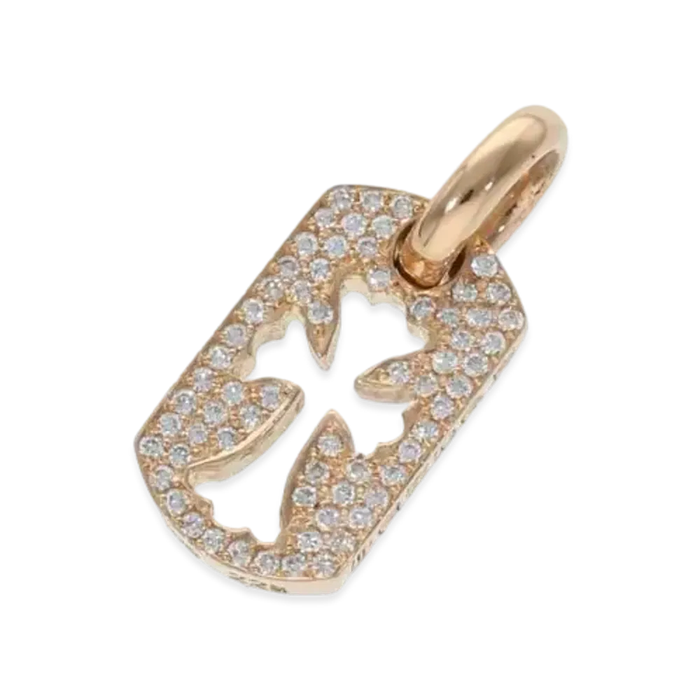 Chrome Hearts 22K Tiny Cut Out Cross Dog Tag Pave Diamond Charm "Yellow Gold"