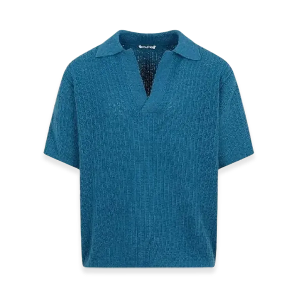 AURALEE Brushed Cotton Wool Rib Knit Skipper Polo "Blue"